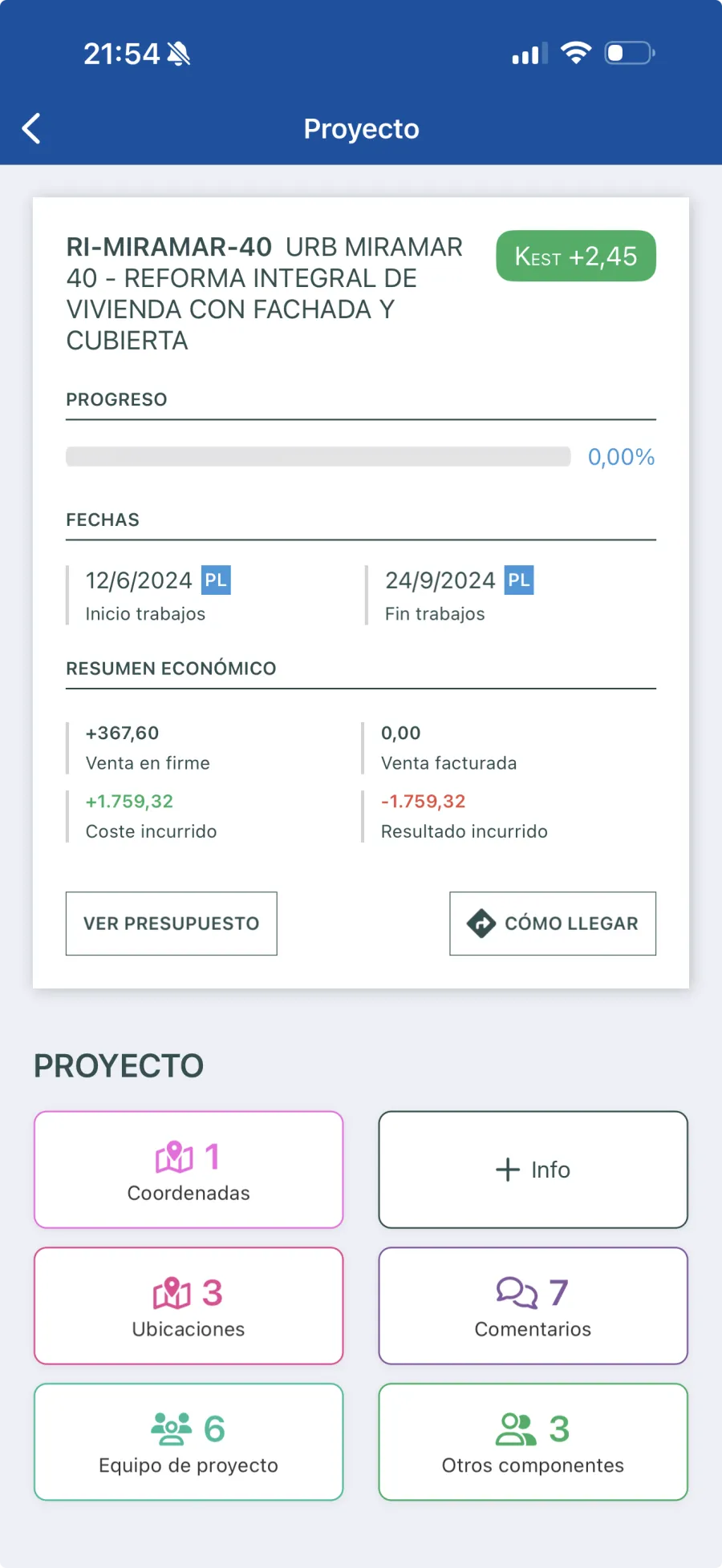 App móvil de Trowel mostrando la pantalla de un proyecto con progreso, fechas y resumen económico