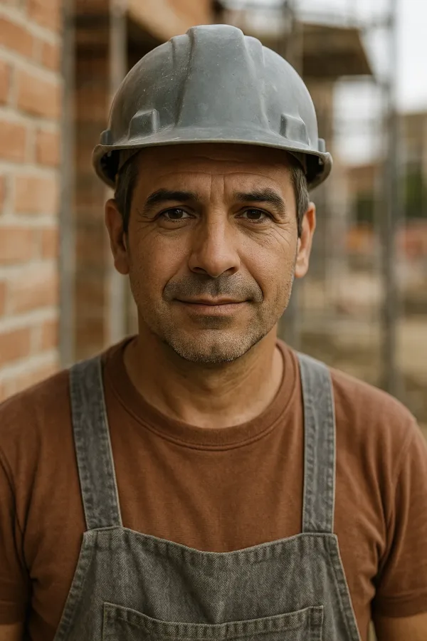 Albañil de cuadrilla con casco gris
