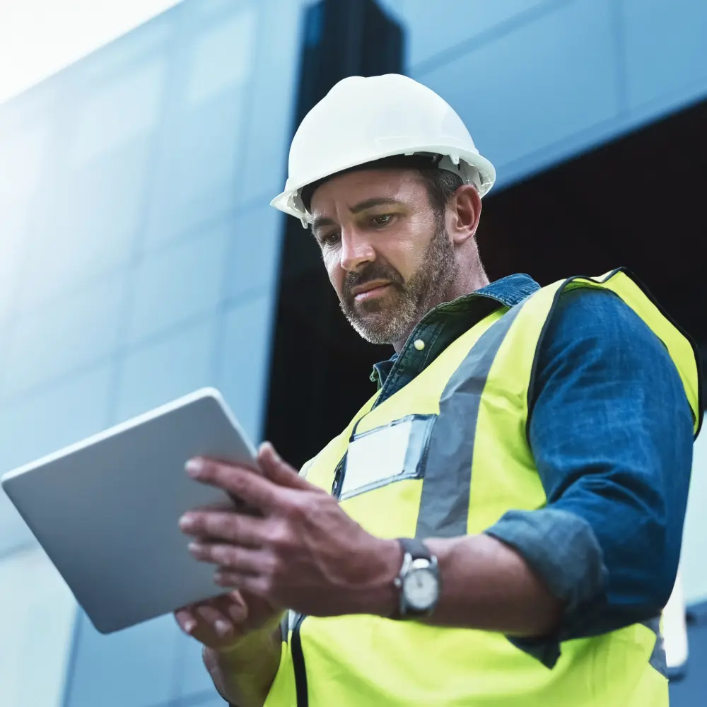 Trabajador de multiservicios registrando un parte de trabajo en el móvil