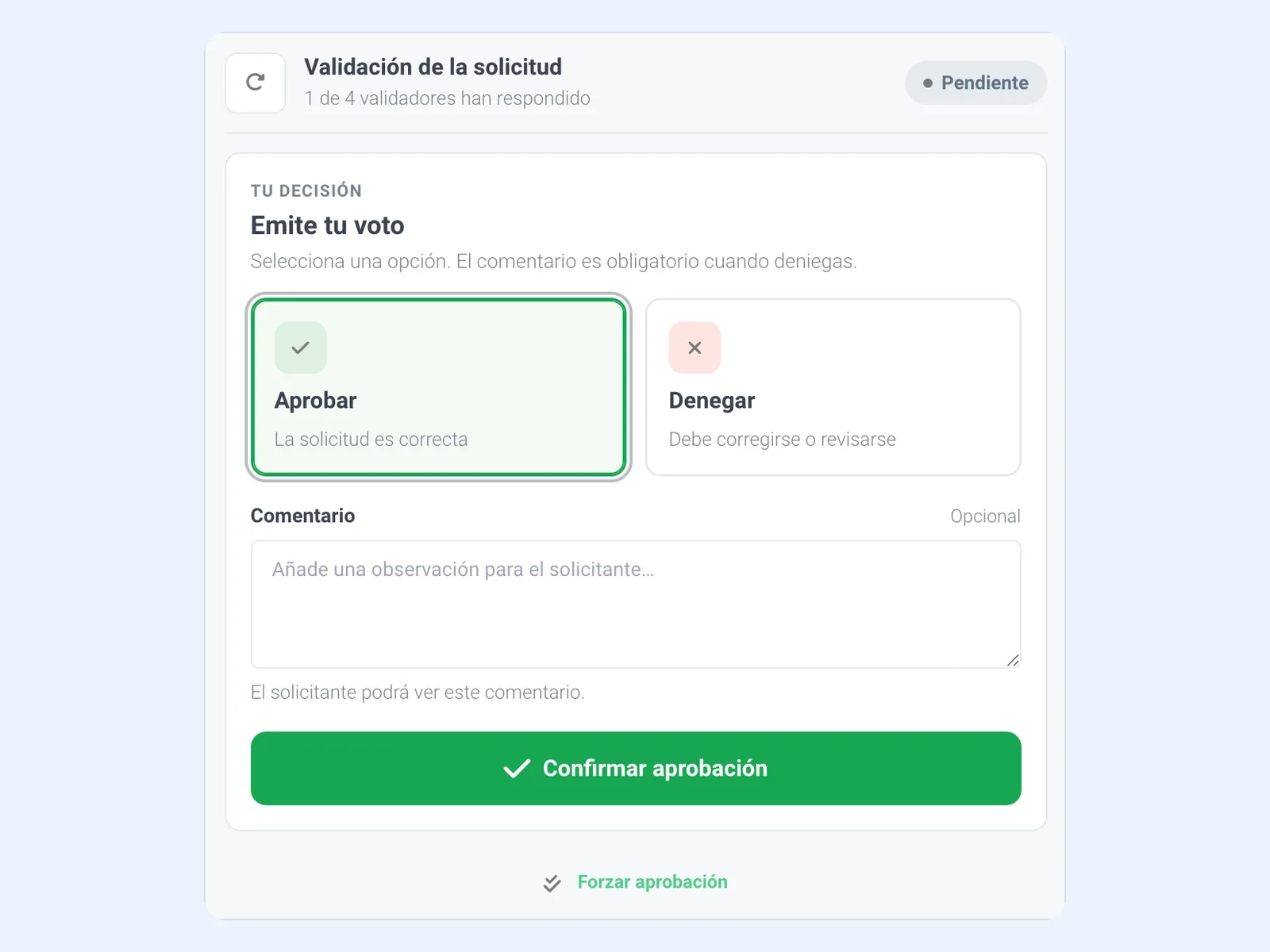 Panel de validación de una solicitud de vacaciones en Trowel, con las opciones Aprobar o Denegar, un comentario opcional y el botón Confirmar aprobación.