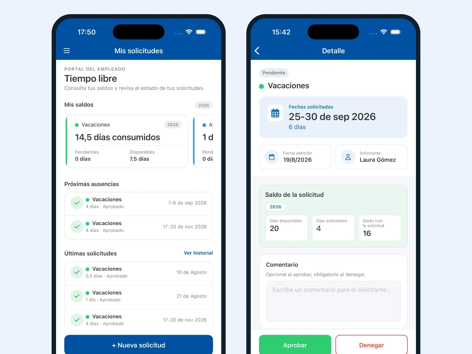 Dos pantallas de la app de Trowel para celular: el portal del empleado con su saldo de vacaciones y sus próximas ausencias, y el detalle de una solicitud pendiente con los botones Aprobar y Denegar.