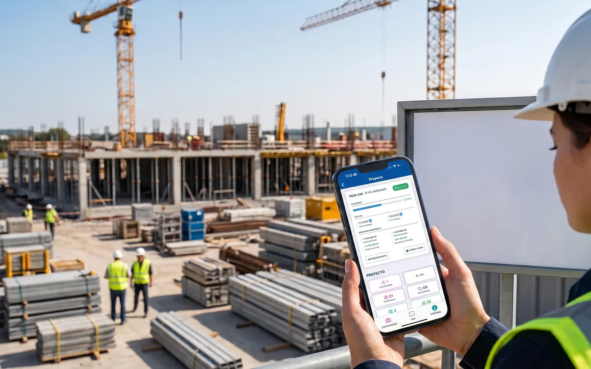 Persona en obra consultando el avance y los datos económicos de un proyecto desde una app móvil