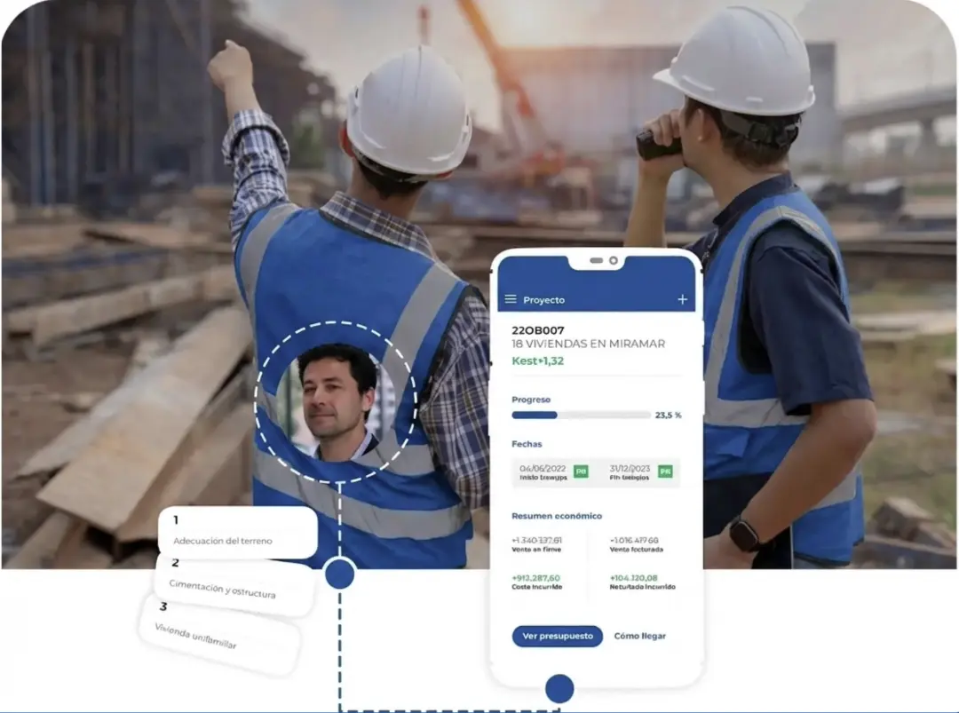 Pantalla de la app de gestión de obras TrowelApp en smartphone mostrando control de costes
