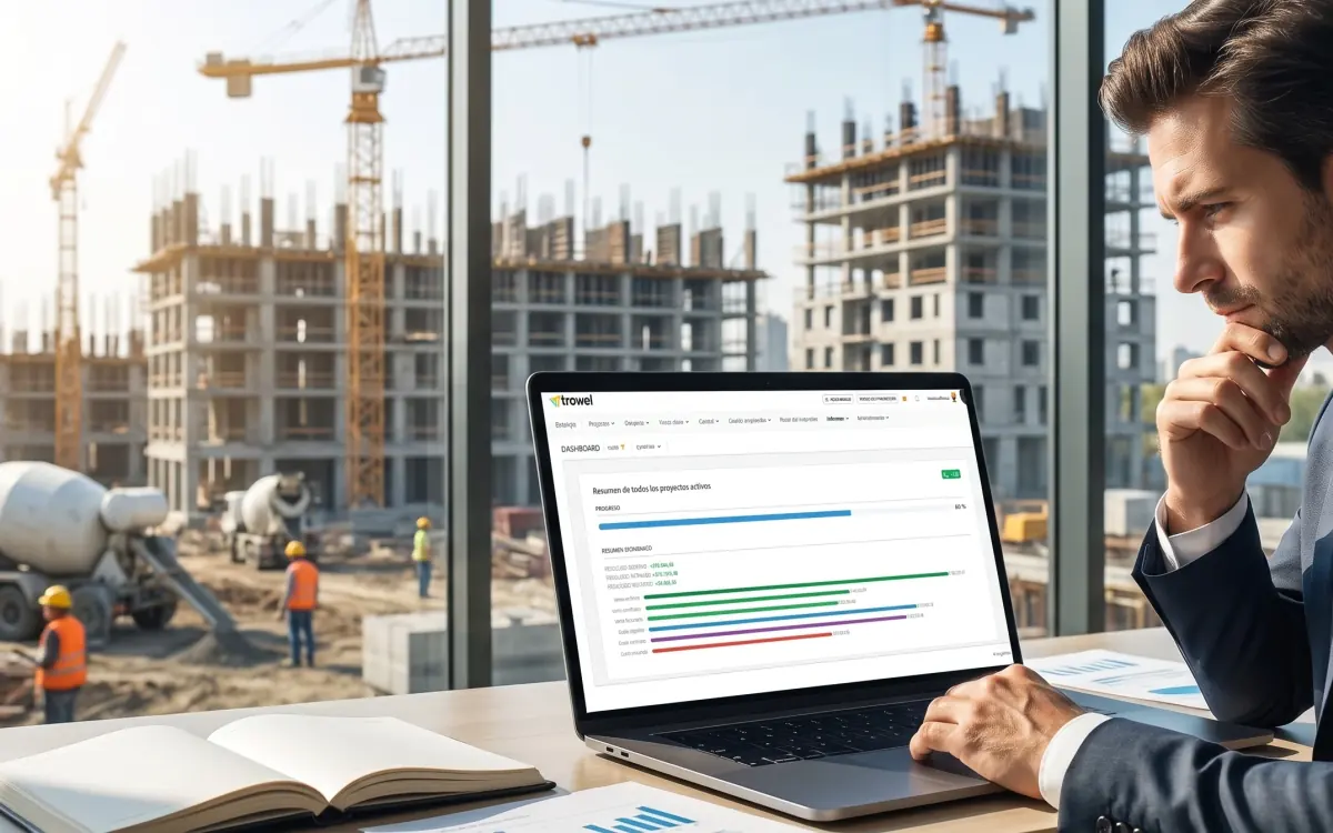 Director financiero revisando el resumen de todos los proyectos activos en el dashboard de Trowel, con una obra de fondo