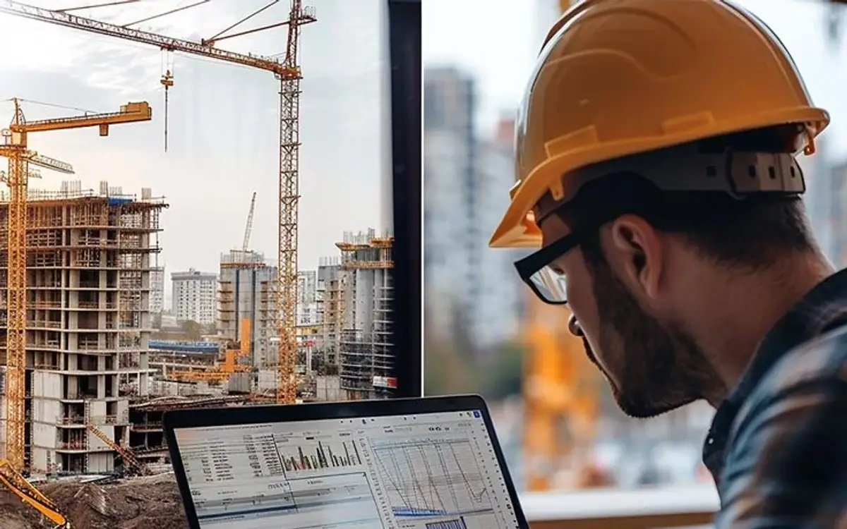 Jefe de obra revisando gráficas de avance y costos en su laptop frente a una obra en construcción