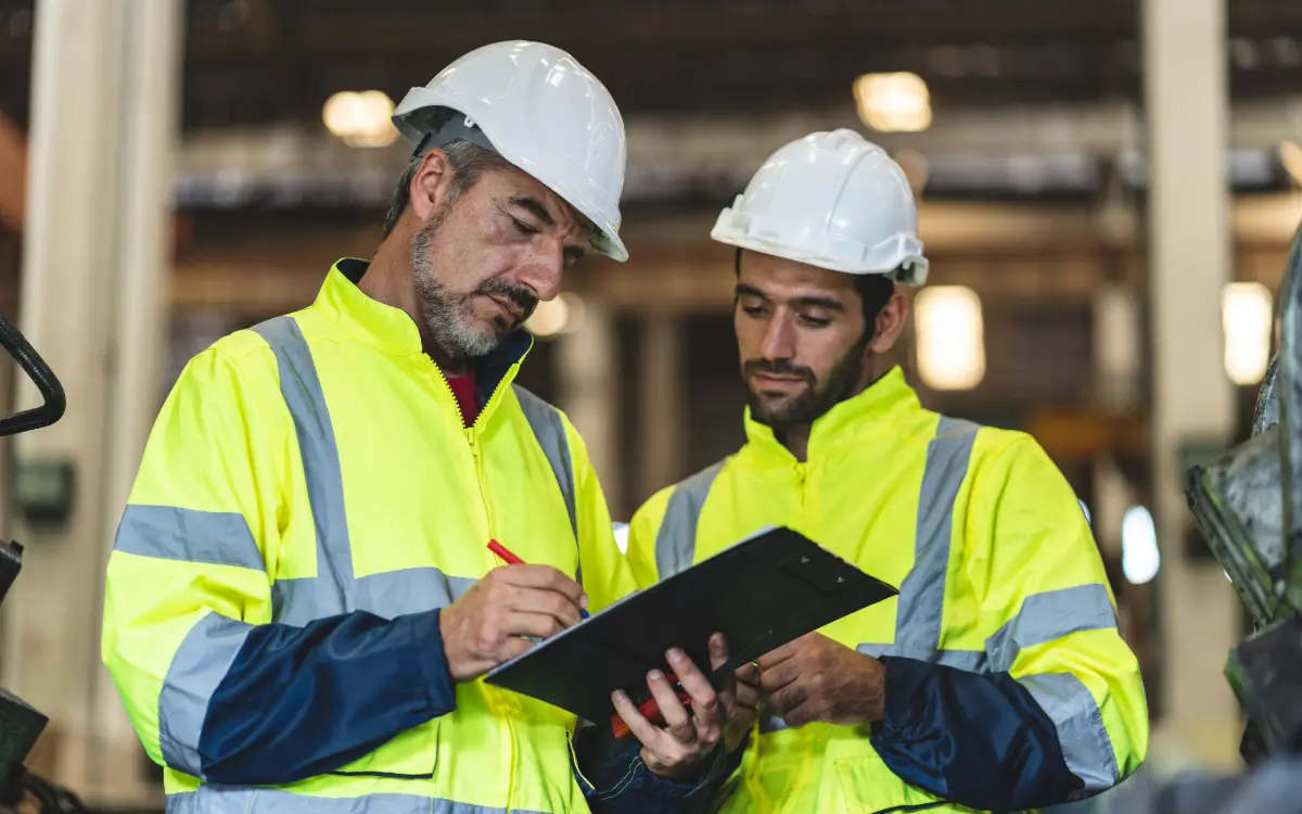 Técnico de prevención realizando un checklist de seguridad en obra con tablet digital