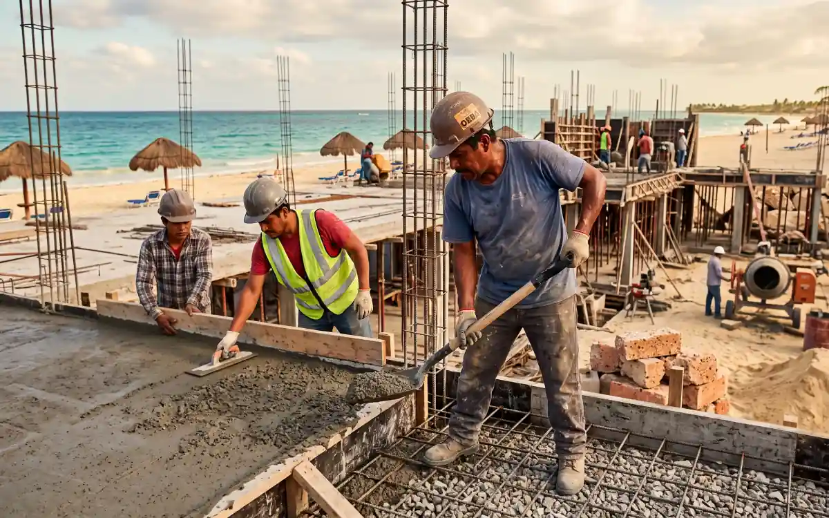 Cuadrilla vaciando concreto en una obra costera en México, con la playa de fondo