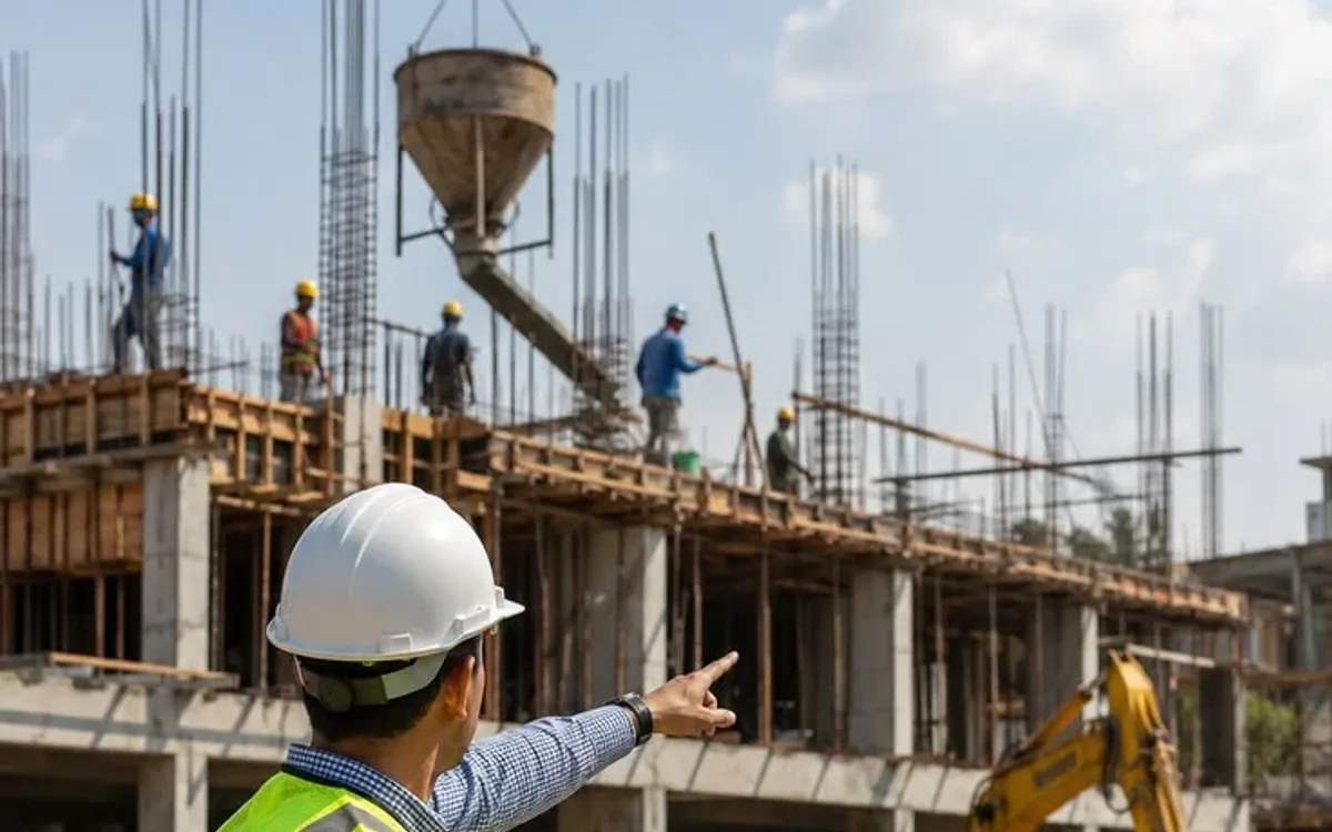 Jefe de obra con planos bajo el brazo dirigiendo al equipo en una obra en construcción