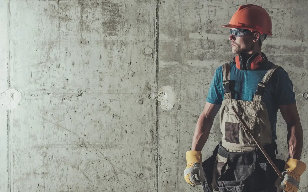 Jefe de obra revisando la asignación del equipo de personal en construcción desde un dispositivo móvil