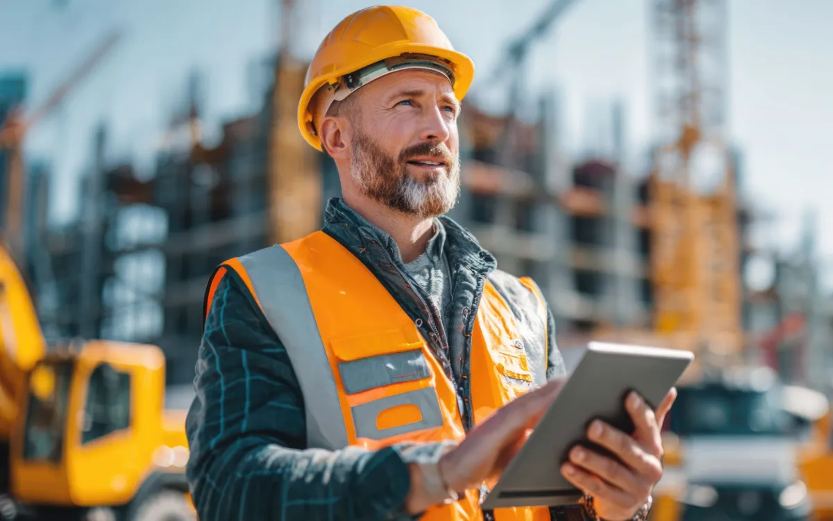 Jefe de obra con chaleco de seguridad registrando el avance desde una tablet en el sitio de construcción
