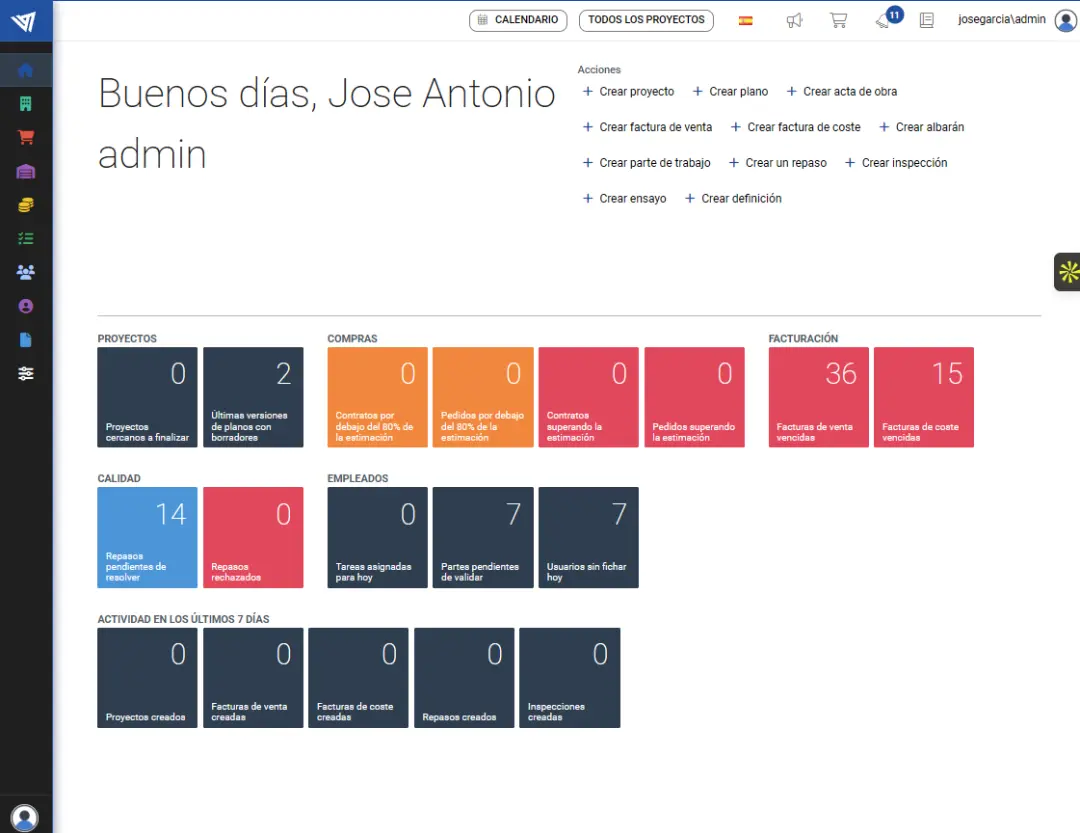 Panel de control del software de gestión para la construcción TrowelApp en tiempo real