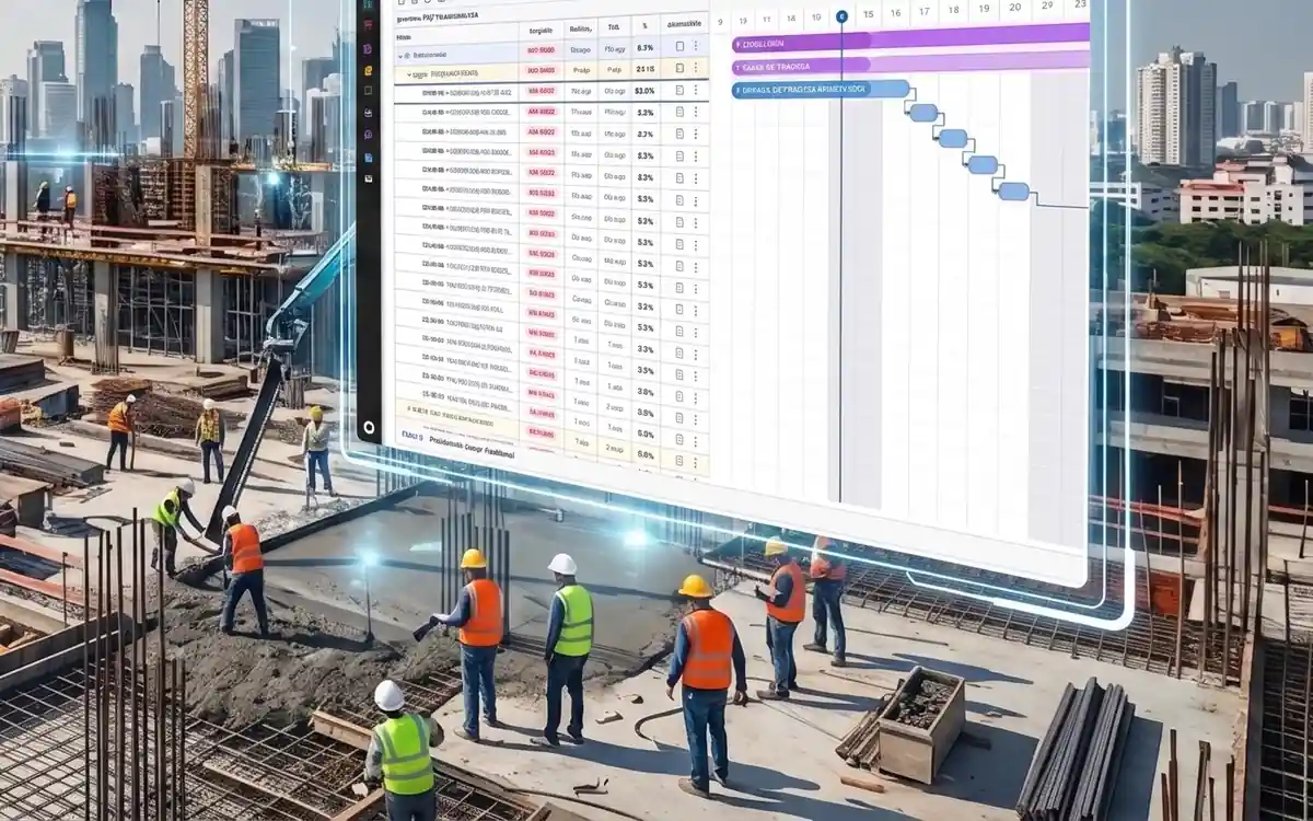 Panel de planificación de obra en pantalla, con vista de cronograma tipo Gantt superpuesta a una obra en construcción