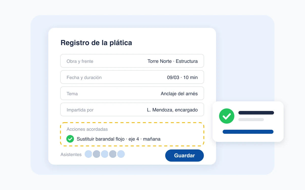 Registro de una plática de seguridad con tema, duración, acciones acordadas y asistentes