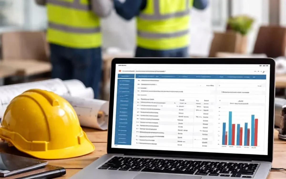 Laptop mostrando un presupuesto de obra con gráficas, junto a un casco y planos sobre una mesa de trabajo