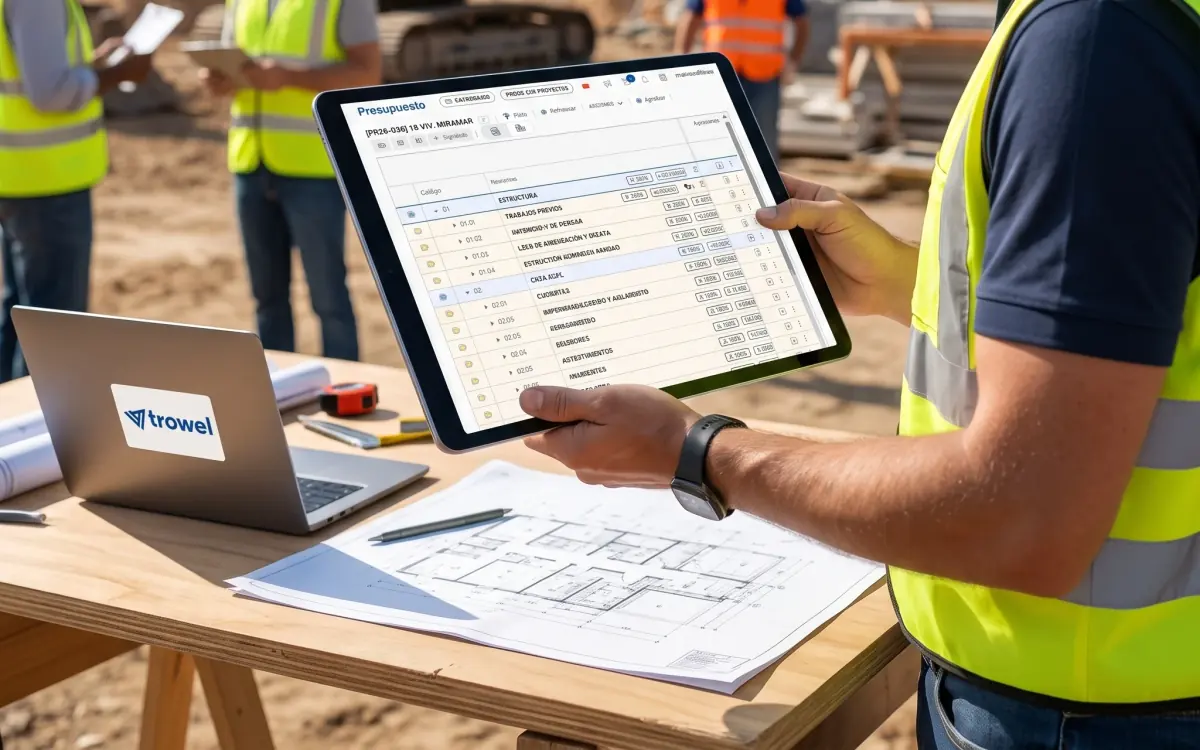 Jefe de obra revisando el presupuesto de un proyecto desde una tablet en el sitio de la obra