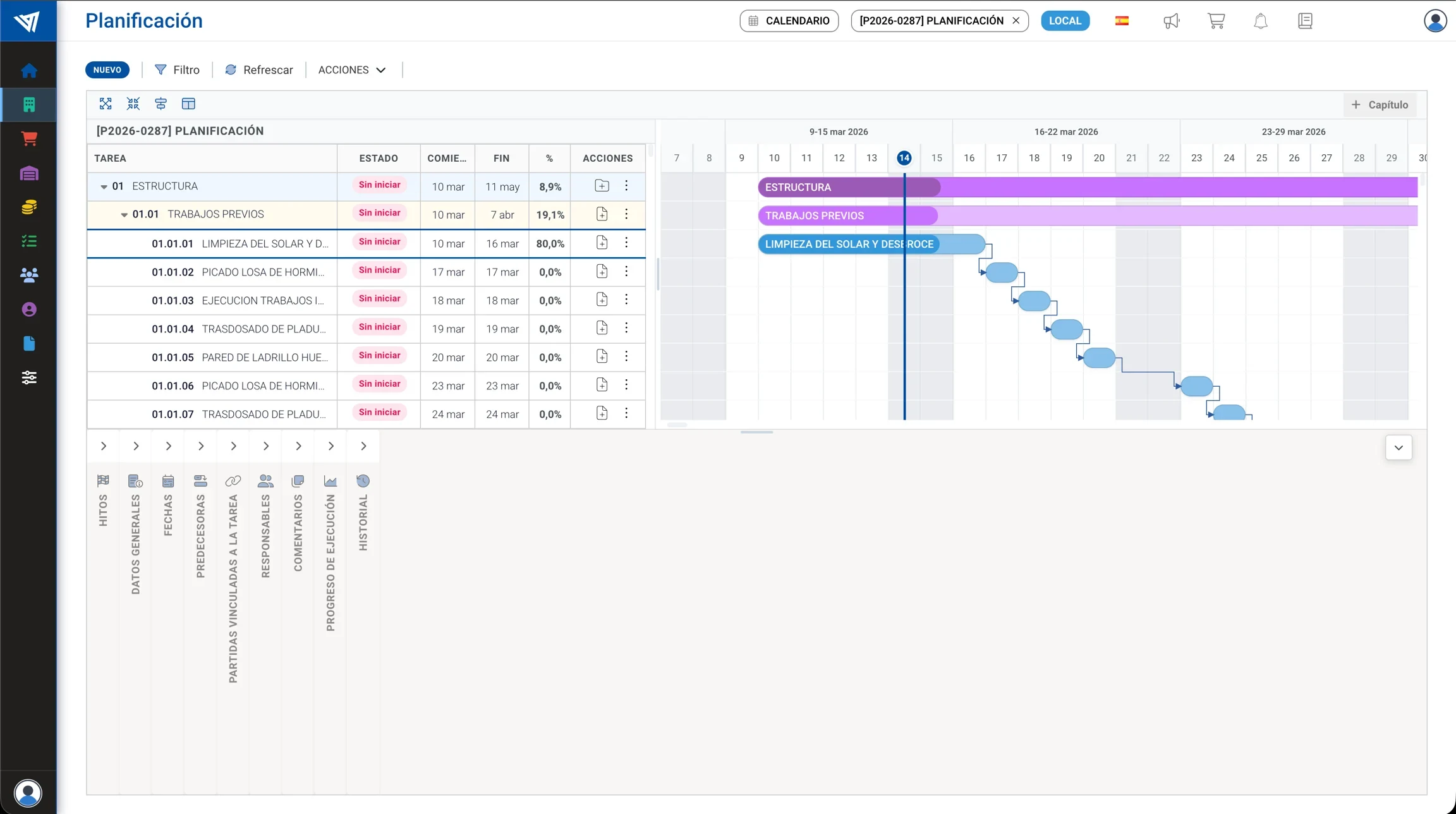 Diagrama de Gantt de una obra en el módulo de Planificación de Trowel, mostrando la estructura por capítulos y partidas con fechas y porcentaje de avance