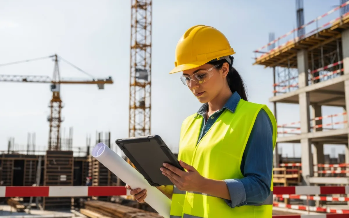 Encargada de obra preparando el reporte de avance desde una tablet en el sitio de construcción