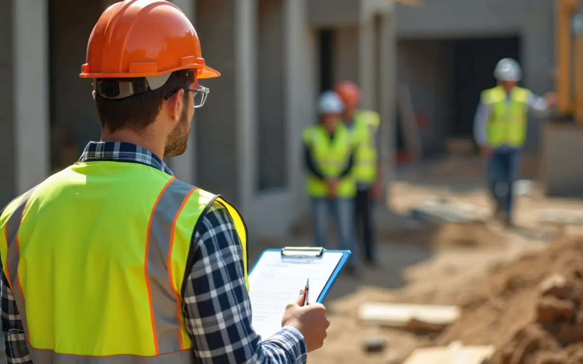 Trabajadores de la construcción con arnés y EPI aplicando medidas de prevención de riesgos laborales en altura