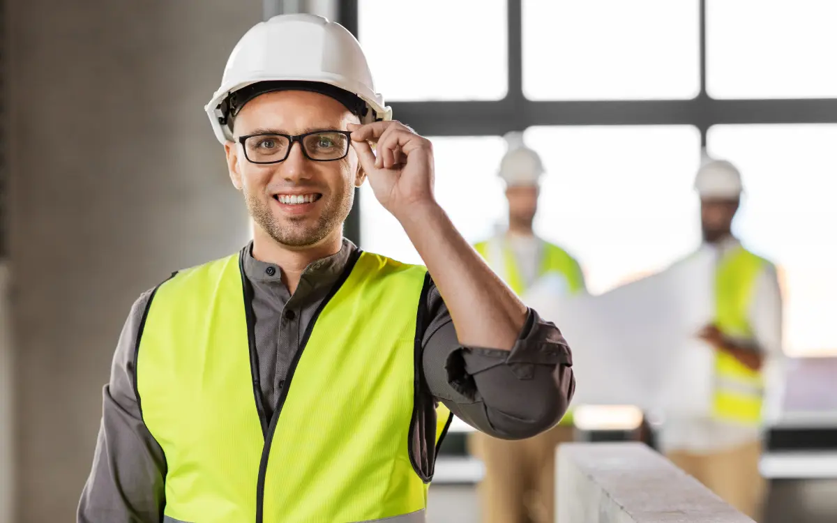 Gestión de seguridad en obra de construcción con trabajadores y equipamiento de prevención