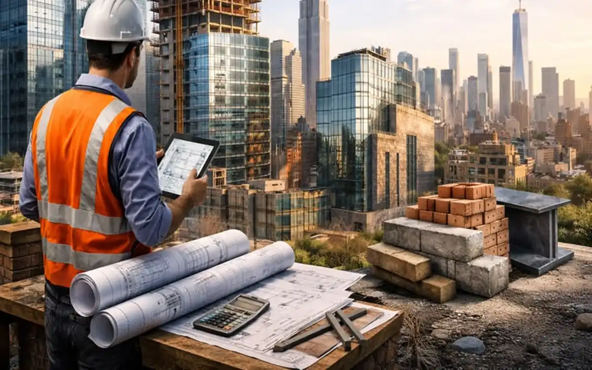 Casco, tablet, celular y planos sobre una mesa con una obra en construcción de fondo, representando las herramientas digitales usadas en la gestión de una obra