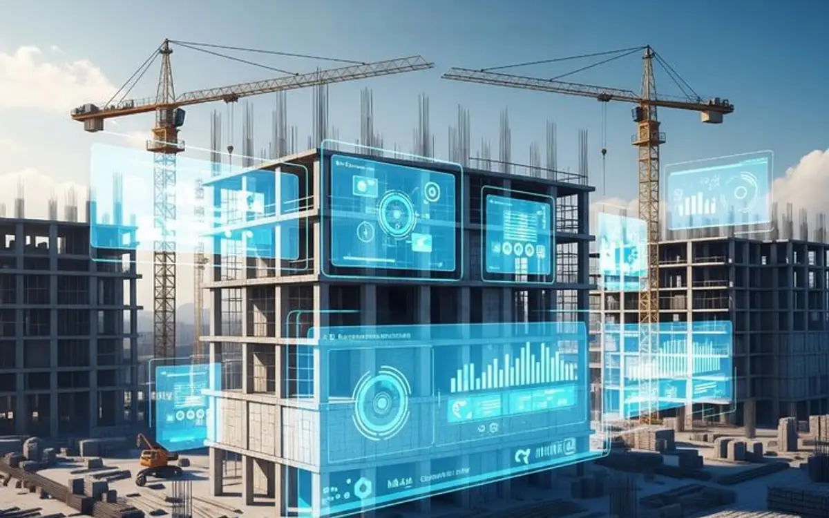 Obra en construcción con paneles de datos digitales superpuestos, representando la digitalización de la gestión de obra
