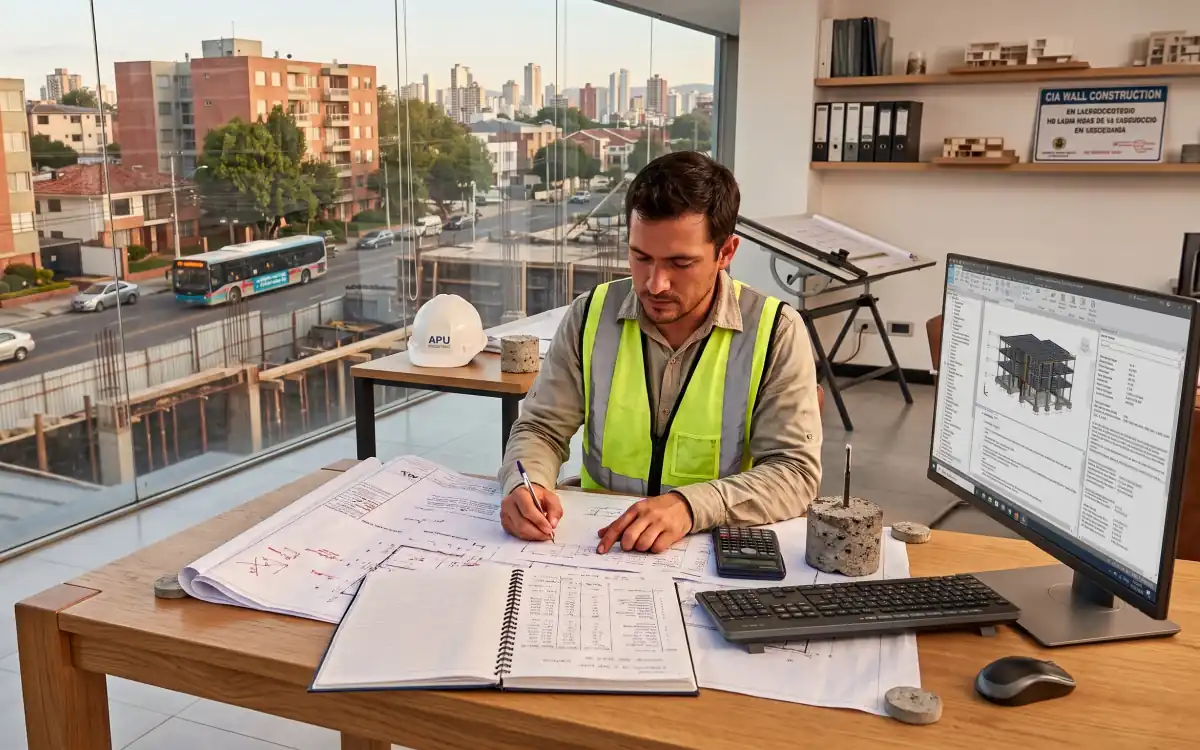 Ingeniero con casco de análisis de precios unitarios (APU) revisando planos y un modelo 3D en su oficina