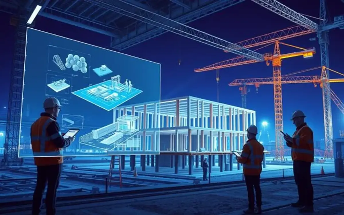 Ingenieros revisando un modelo digital de la obra proyectado junto a la construcción real durante la noche